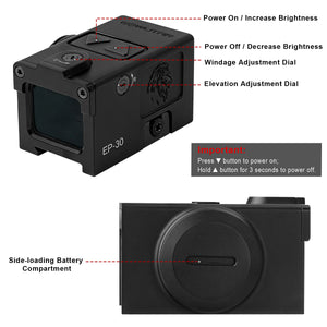 Close-up details of the GOWUTAR EP-30 enclosed red dot sight with ACRO footprint