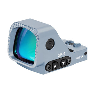 GOWUTAR GP-9 gray large-window competition green dot sight, showing the coated lens and brightness controls