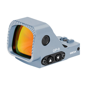GOWUTAR GP-9 gray large-window competition red dot sight, showing the coated lens and brightness controls