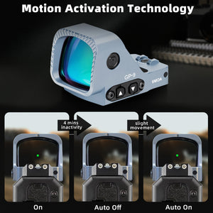 GOWUTAR GP-9 gray green dot sight graphic illustrating motion activation, automatic sleep, and automatic wake-up