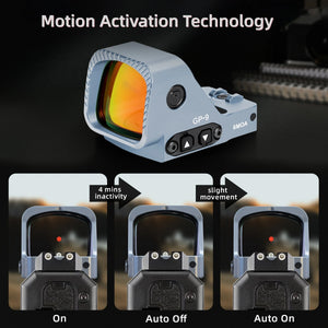 GOWUTAR GP-9 gray red dot sight graphic illustrating motion activation, automatic sleep, and automatic wake-up