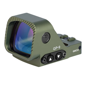 Front angled view of the GOWUTAR GP-9 army green large window RMR green dot optic for pistols