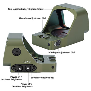 Product details of the GOWUTAR GP-9 army green rmr footprint red dot optic