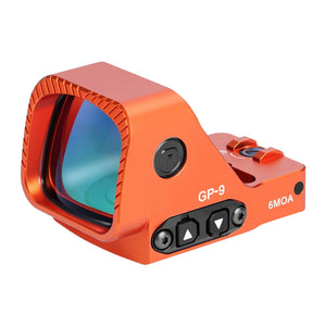 GOWUTAR GP-9 orange large-window competition green dot sight, showing the coated lens and brightness controls