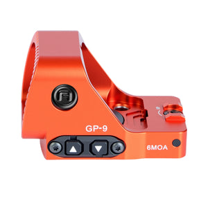 Side view of the GOWUTAR GP-9 orange optic, showing the GP-9 marking, brightness buttons, and 6 MOA label
