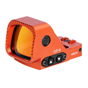 GOWUTAR GP-9 orange large-window competition red dot sight, showing the coated lens and brightness controls