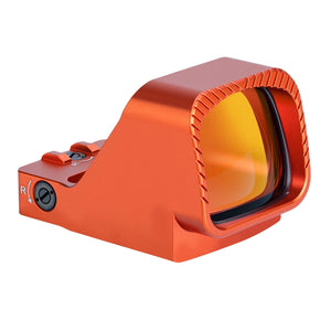 Front angled view of the GOWUTAR GP-9 orange pistol optic, showing the lens coating and housing