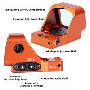GOWUTAR GP-9 orange optic diagram highlighting the top battery compartment, elevation and windage adjustments, and brightness controls