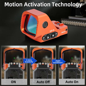 GOWUTAR GP-9 orange green dot sight graphic illustrating motion activation, automatic sleep, and automatic wake-up