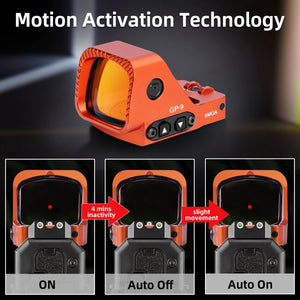 GOWUTAR GP-9 orange red dot sight graphic illustrating motion activation, automatic sleep, and automatic wake-up