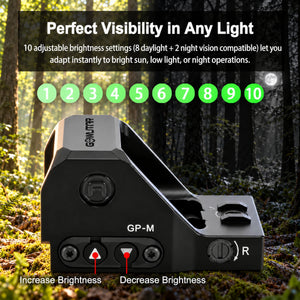 GOWUTAR GP-M green dot sight against a day-and-night forest background, highlighting 10 brightness settings