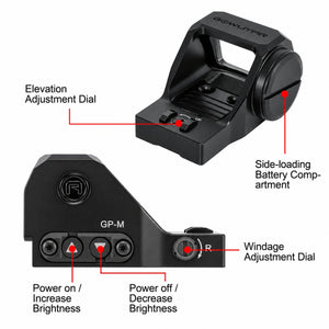 GOWUTAR GP-M optic with a clear lens and labeled brightness controls, elevation dial, windage dial and side-loading battery compartment