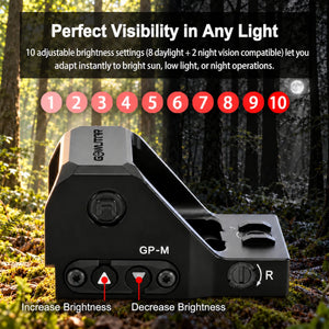 GOWUTAR GP-M red dot sight against a day-and-night forest background, highlighting 10 brightness settings