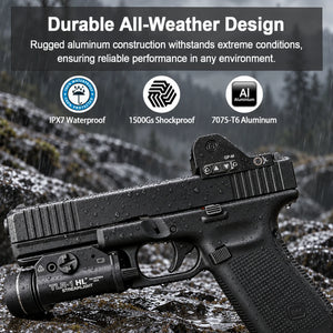 GOWUTAR GP-M mounted on a rain-covered pistol on wet rocks